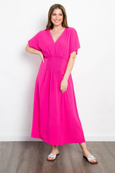Trendy Women's Shirred Front Short Sleeve Maxi Dress - Elegant Flow for Every Occasion